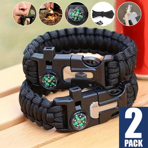 2Pack Survival Paracord Bracelet Fire Starter Compass Whistle Camping Gear
