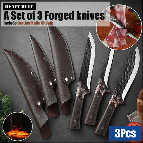 3Pcs Forged Knife With Leather Sheath Hunting Knives