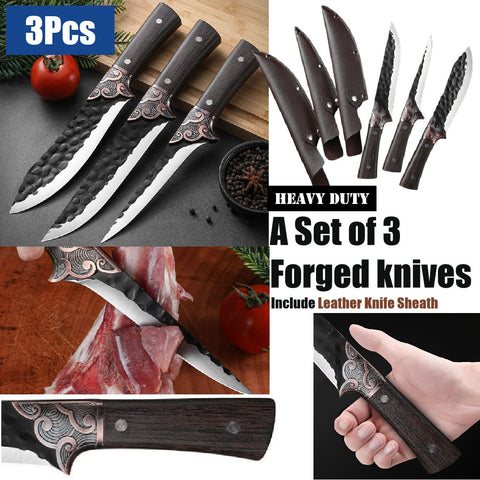 3Pcs Forged Knife With Leather Sheath Hunting Knives
