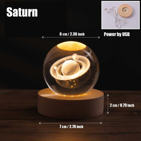 3D Saturn Crystal Ball Night Light Lamp LED Table Lamp Wooden Base