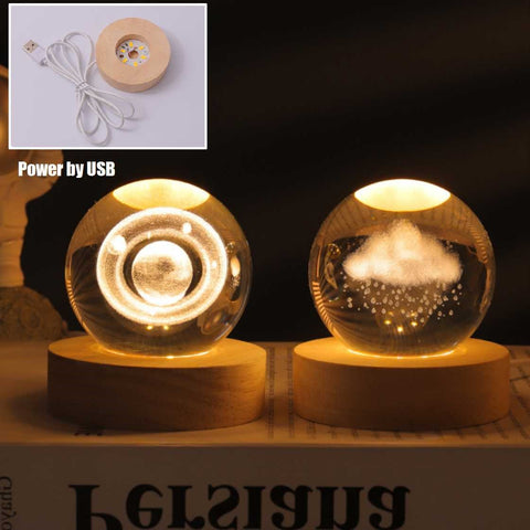 3D Saturn Crystal Ball Night Light Lamp LED Table Lamp Wooden Base