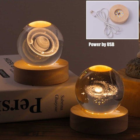 3D Saturn Crystal Ball Night Light Lamp LED Table Lamp Wooden Base