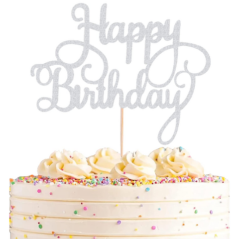 Happy Birthday Cake Topper Cake Decoration - Silver