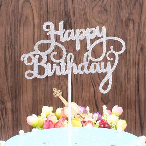 Happy Birthday Cake Topper Cake Decoration - Silver