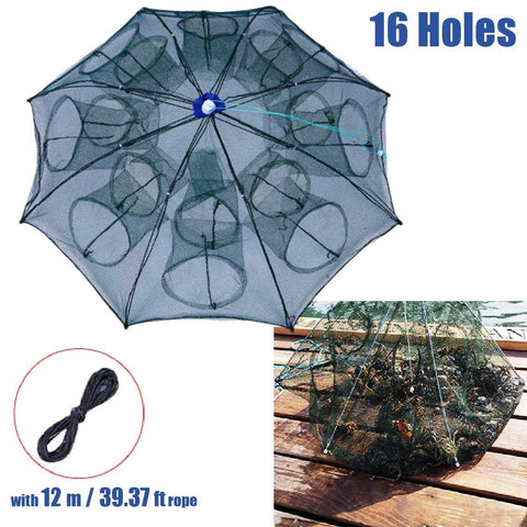 Collapsible Large Crab Pot Fishing Net Cage Trap 16 Holes 12 Meter Rope