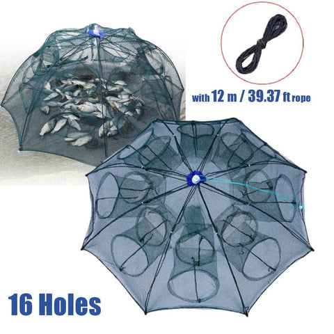 Collapsible Large Crab Pot Fishing Net Cage Trap 16 Holes 12 Meter Rope