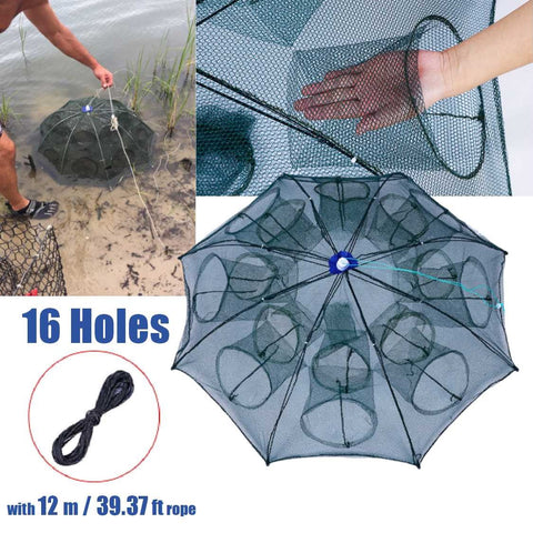 Collapsible Large Crab Pot Fishing Net Cage Trap 16 Holes 12 Meter Rope