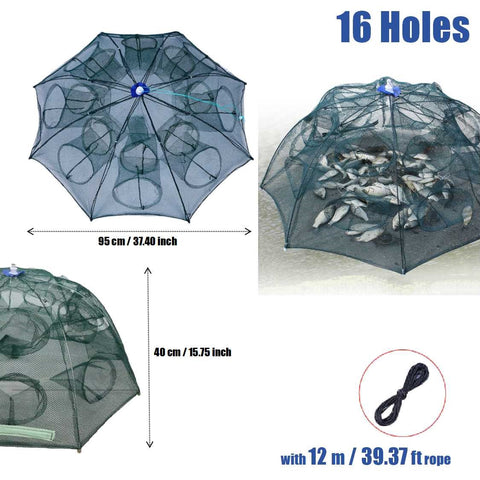 Collapsible Large Crab Pot Fishing Net Cage Trap 16 Holes 12 Meter Rope
