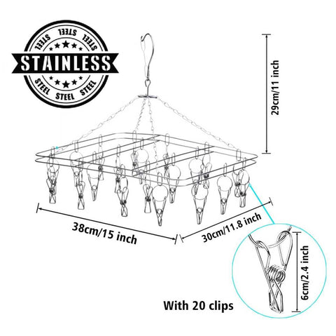 Clothes Drying Rack Sock Hanger Clothing Hanger Stainless Steel with 20 pegs