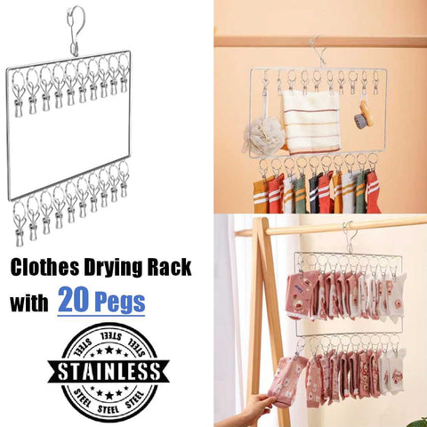 2-Tier Stainless Steel Clothes Drying Rack Cloth Hanger with 20 Pegs