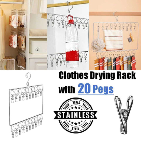 2-Tier Stainless Steel Clothes Drying Rack Cloth Hanger with 20 Pegs