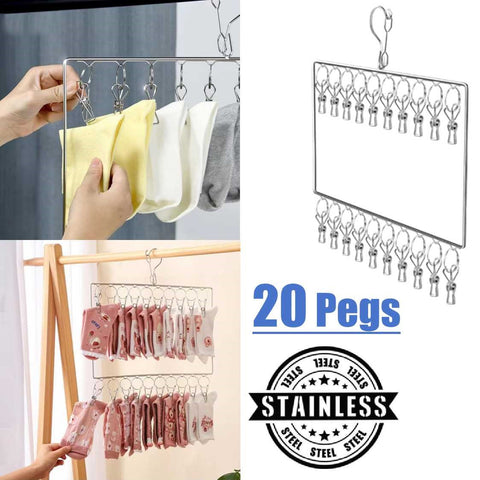 2-Tier Stainless Steel Clothes Drying Rack Cloth Hanger with 20 Pegs