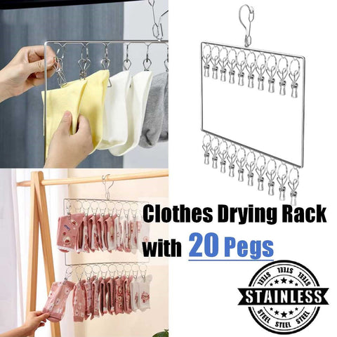 2-Tier Stainless Steel Clothes Drying Rack Cloth Hanger with 20 Pegs
