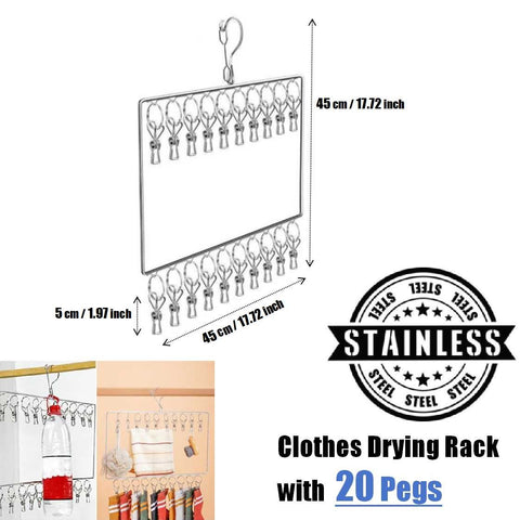 2-Tier Stainless Steel Clothes Drying Rack Cloth Hanger with 20 Pegs