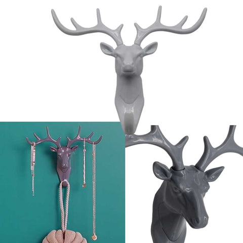 Grey 3D Deer Head Wall Mount Hanging Decorative sculpture Hook