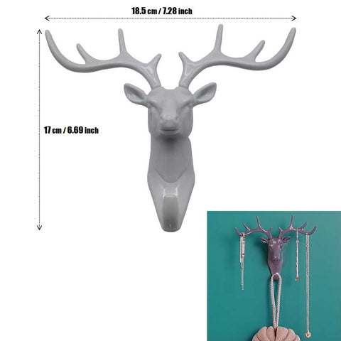 Grey 3D Deer Head Wall Mount Hanging Decorative sculpture Hook