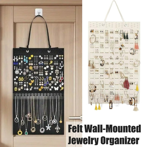 Wall-Mounted Felt Jewelry Organiser Dual Section Storage for Earrings, Necklaces