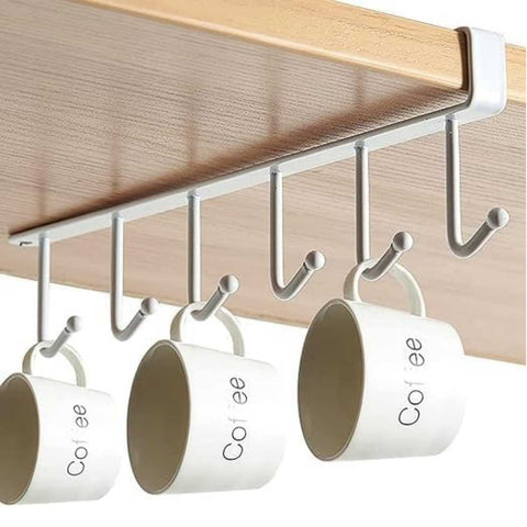 Under Cabinet 6 Hooks Rack Cupboard Storage Cup Mug Holder Shelf 2Pcs White