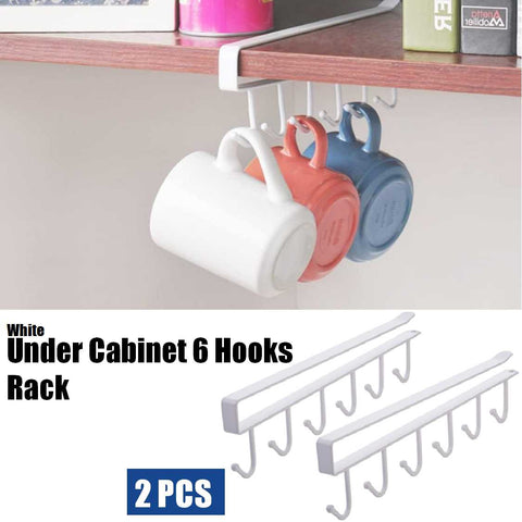 Under Cabinet 6 Hooks Rack Cupboard Storage Cup Mug Holder Shelf 2Pcs White