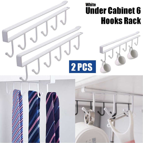 Under Cabinet 6 Hooks Rack Cupboard Storage Cup Mug Holder Shelf 2Pcs White