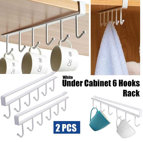 Under Cabinet 6 Hooks Rack Cupboard Storage Cup Mug Holder Shelf 2Pcs White