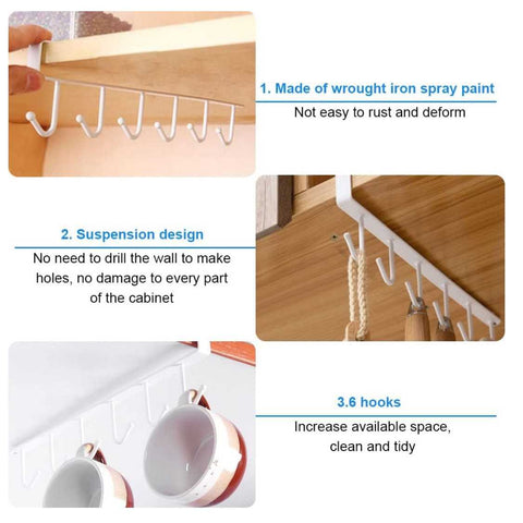 Under Cabinet 6 Hooks Rack Cupboard Storage Cup Mug Holder Shelf 2Pcs White