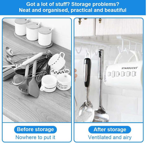 Under Cabinet 6 Hooks Rack Cupboard Storage Cup Mug Holder Shelf 2Pcs White