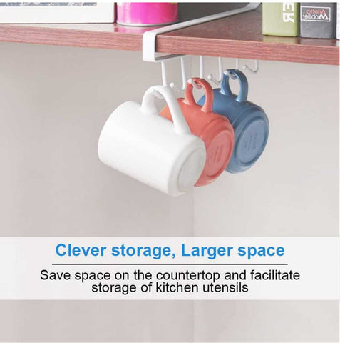 Under Cabinet 6 Hooks Rack Cupboard Storage Cup Mug Holder Shelf 2Pcs White