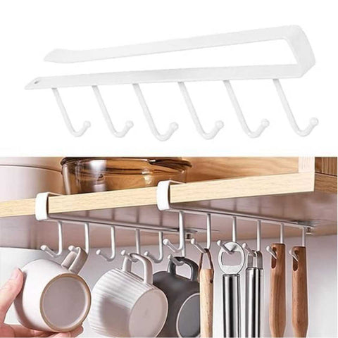 Under Cabinet 6 Hooks Rack Cupboard Storage Cup Mug Holder Shelf 2Pcs White