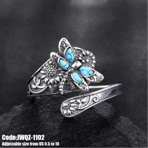 Women's 925 Silver Antique Dragonfly Turquoise Moonstone Ring