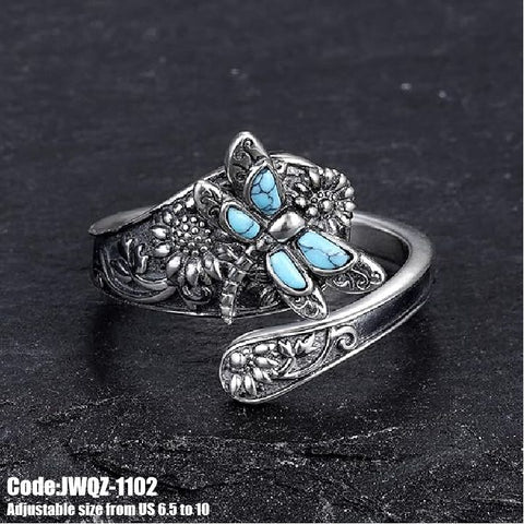 Women's 925 Silver Antique Dragonfly Turquoise Moonstone Ring