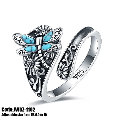 Women's 925 Silver Antique Dragonfly Turquoise Moonstone Ring