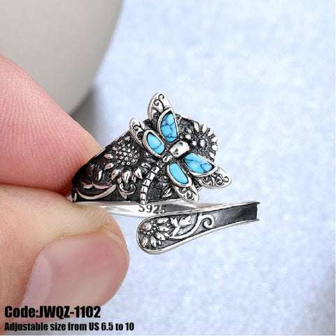 Women's 925 Silver Antique Dragonfly Turquoise Moonstone Ring