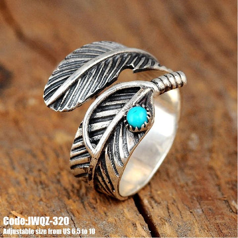 Women's Jewellery Turquoise Gemstone Feather Silver Ring