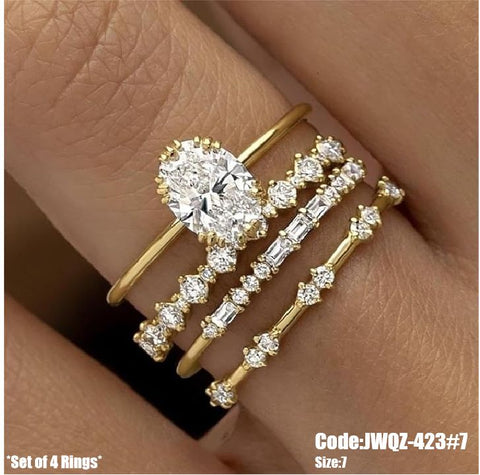 4Pcs Women's Diamond Antique Gold Ring Rhinestone Rings Size 7