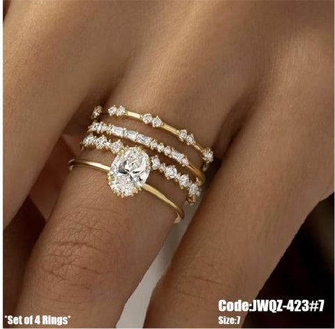 4Pcs Women's Diamond Antique Gold Ring Rhinestone Rings Size 7