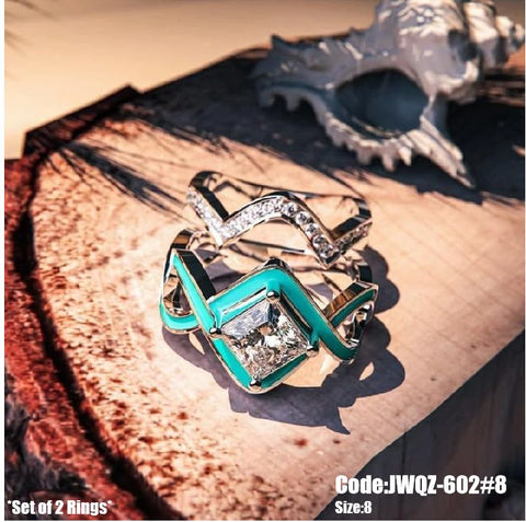 Women's Jewellery Turquoise Ocean Wave Ring 2 Pieces Set Size 7