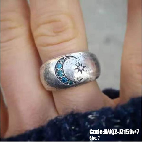 Women's Jewellery Vintage Blue Moon&Star 925 Sterling Silver Diamond Ring Size 7