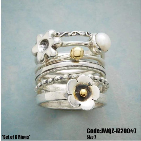 Women's Jewellery 6pcs Vintage Silver Daisy Flower Pearl Rings Size 7