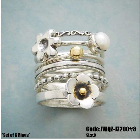 Women's Jewellery 6pcs Vintage Silver Daisy Flower Pearl Rings Size 8