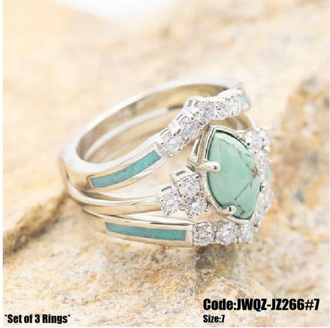 3Pcs Women's Jewellery Marquise Turquoise Moonstone Ring Size 7