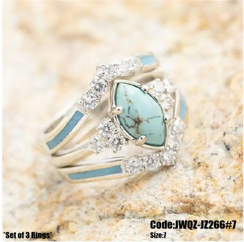 3Pcs Women's Jewellery Marquise Turquoise Moonstone Ring Size 7