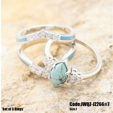 3Pcs Women's Jewellery Marquise Turquoise Moonstone Ring Size 7