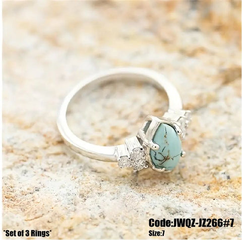 3Pcs Women's Jewellery Marquise Turquoise Moonstone Ring Size 7