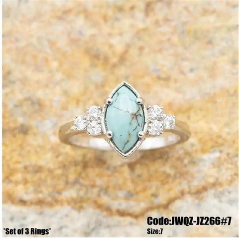 3Pcs Women's Jewellery Marquise Turquoise Moonstone Ring Size 7