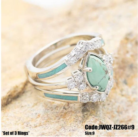 3Pcs Women's Jewellery Marquise Turquoise Moonstone Ring Size 9