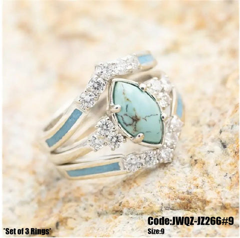 3Pcs Women's Jewellery Marquise Turquoise Moonstone Ring Size 9