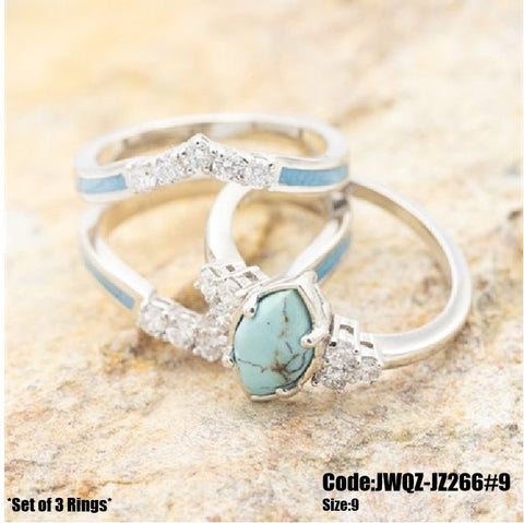 3Pcs Women's Jewellery Marquise Turquoise Moonstone Ring Size 9