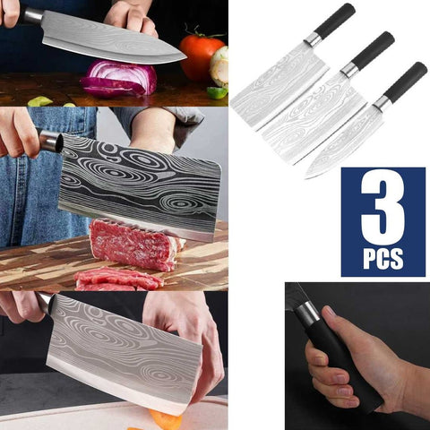3Pcs Heavy Duty Stainless Steel Damascus Cleaver Knifes