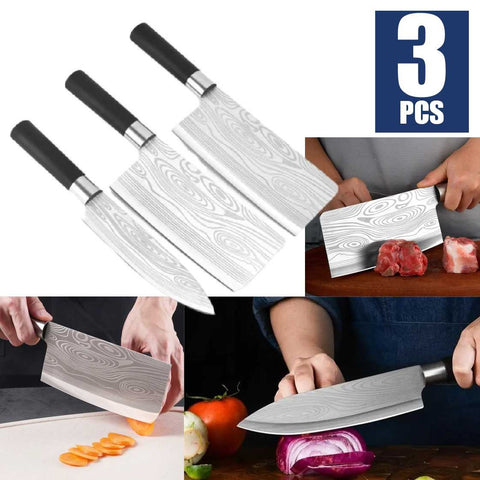 3Pcs Heavy Duty Stainless Steel Damascus Cleaver Knifes